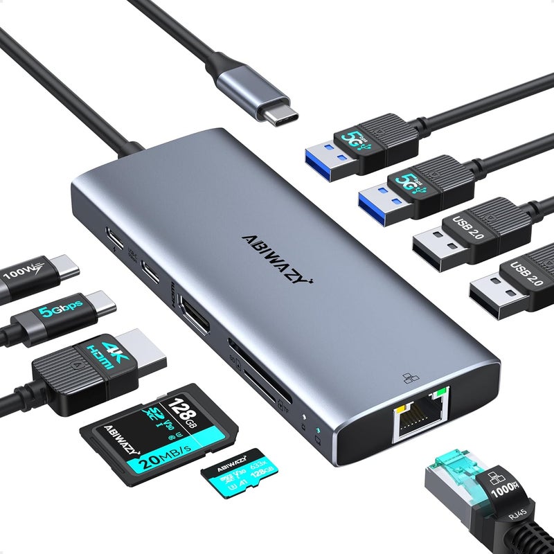 ABIWAZY USB C Hub Adapter for MacBook Pro Air,10 in 1 USB C to USB HDMI Ethernet Hub Mac Dongle Accessories Converter for laptops (4K@60Hz HDMI+Ethernet+4USB+1USB-C Data Port+SD/TF Card Reader+100W PD) - Image 1